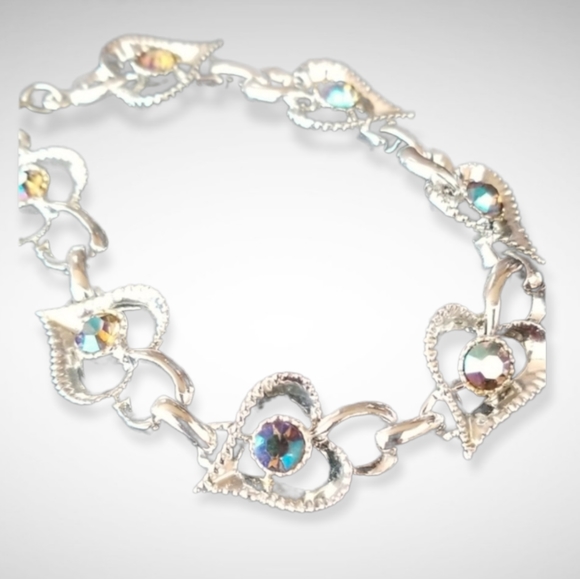 Vintage 1950s Rhinestone Heart Necklace Silver Tone - Picture 2 of 12